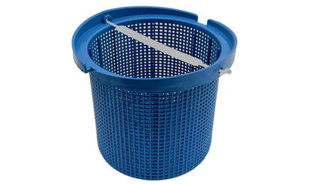Blue plastic pool pump basket with handle and perforated sides