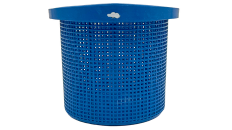 Blue plastic pool pump basket with cylindrical perforated sides and a wide top rim