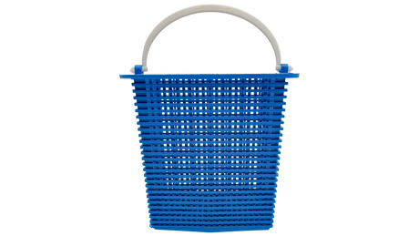 Blue pool pump strainer basket with white handle