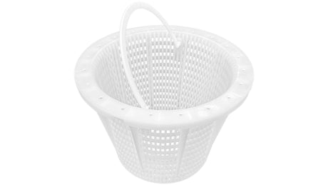 White plastic pool skimmer basket with handle and perforated sides