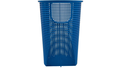 Blue plastic pool pump strainer basket with open-grid design