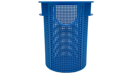 Blue cylindrical pool pump basket with mesh sides and top handle tabs