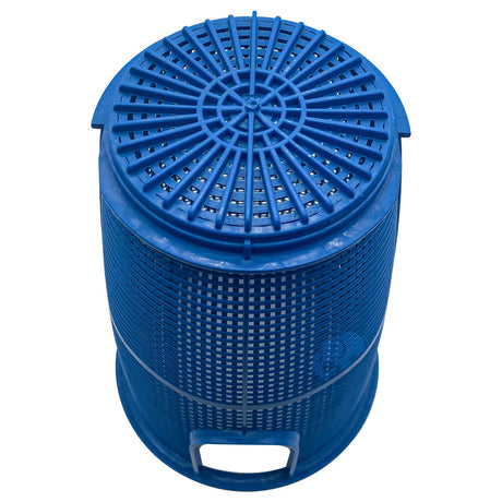 Blue cylindrical pump basket with slotted top and perforated sides