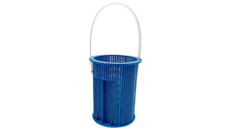 Blue plastic pool pump strainer basket with white handle