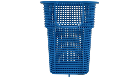 Blue plastic pool pump strainer basket with perforated sides and handle opening