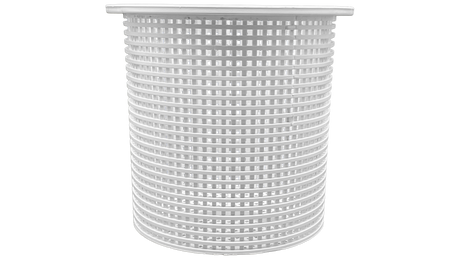 White Aladdin B-37 pool skimmer basket with slotted cylindrical design and top rim