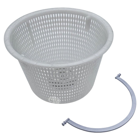 Gray plastic basket strainer with removable curved support bar