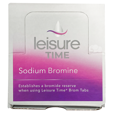 Leisure Time Sodium Bromide package with pink and purple label on white box, pool bromine starter treatment