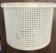 White heavy-duty W-style pool skimmer basket on a wood surface