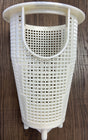 White plastic WhisperFlo pump strainer basket with perforated sides and top handle.