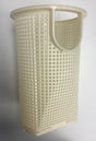 White plastic pump strainer basket with perforated sides and handle cutout.