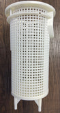 White pump strainer basket with perforated cylindrical body and mounting legs for Challenger pump.