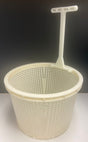 Heavy-duty white H-style skimmer basket with extension handle.