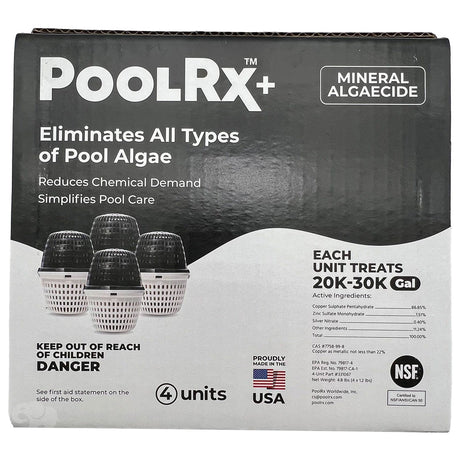 PoolRX+ mineral algaecide 4-unit box for 20,000–30,000 gallon pools and spas