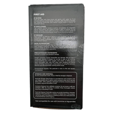 Back of black PoolRx+ spa treatment box with first aid and storage instructions text