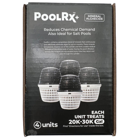 PoolRX+ Black mineral algaecide spa unit box, 4-pack for 20K–30K gallon pools