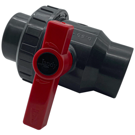 Jandy gray 1.5-inch PVC single-union ball valve with red handle