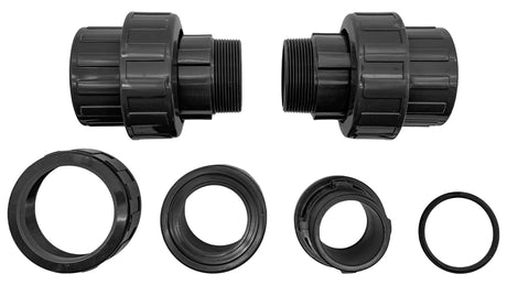 Black Jandy 2-inch side mount multi-port valve with unions and sealing rings, shown disassembled on white background
