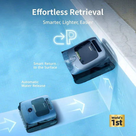 Beatbot pool cleaner returning to the surface for effortless retrieval with automatic water release, shown in a pool with directional arrows and “World’s 1st” badge