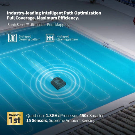 Beatbot A100 pool cleaner in a pool with ultrasonic mapping, S- and N-shaped cleaning paths, and sensor optimization graphics.