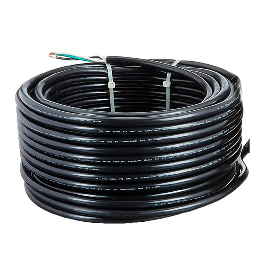 Coiled black 18 AWG spa light cord kit with stripped wire ends
