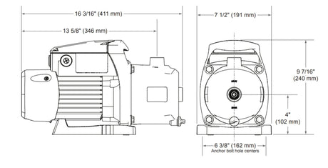 Polaris booster pump dimension drawing with side and front views and measurement labels