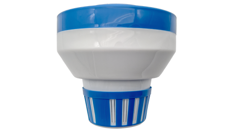 Small blue-and-white 3-inch tab chlorinator with vented base