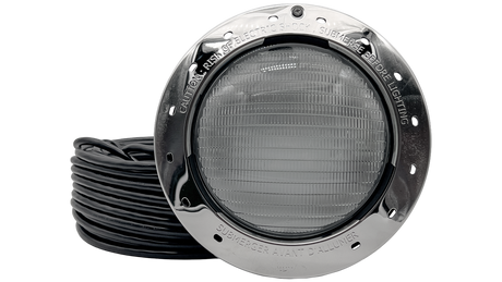 Jandy WaterColors large LED pool light with stainless steel face and coiled 100-foot cord