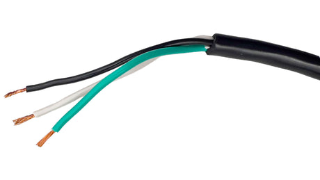 Three-conductor black power cable with green, white, and black insulated wires
