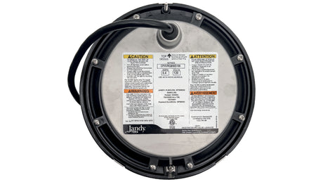 Back view of a Jandy pool LED light with attached power cord and product label