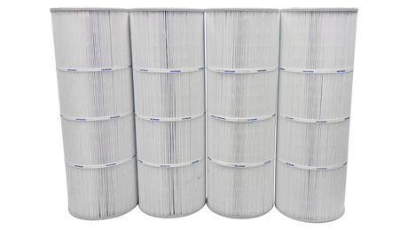 Four white pleated Hayward pool filter replacement cartridges stacked side by side