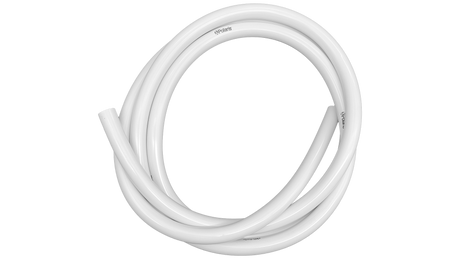 White Polaris pressure cleaner feed hose coiled in a loop