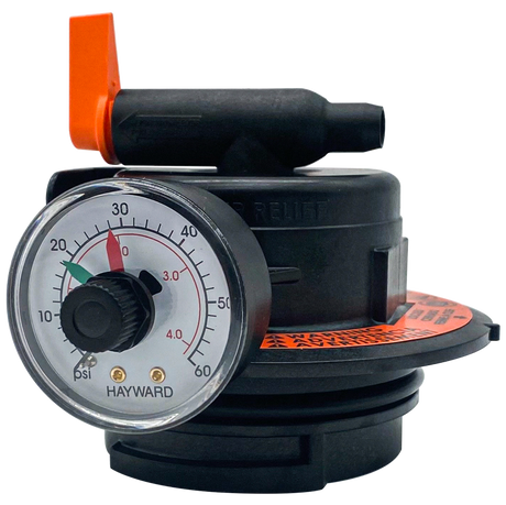 Hayward manual air relief valve with pressure gauge and orange handle for DE and cartridge filter system