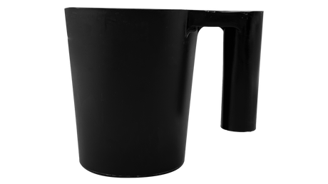 Black plastic scoop with handle and tapered cup for dispensing powder or pellets