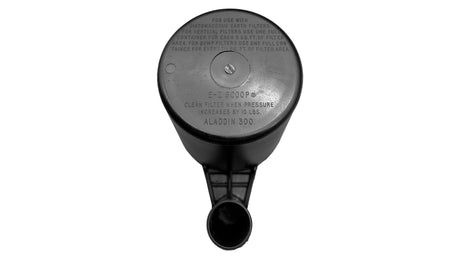 Black Aladdin E-Z Scoop for diatomaceous earth pool filters, top view with measuring spout