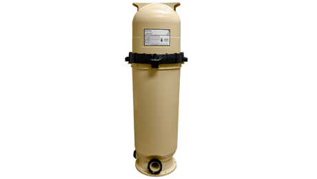 Pentair Clean & Clear cartridge pool filter, tan tank with black clamp ring, front view
