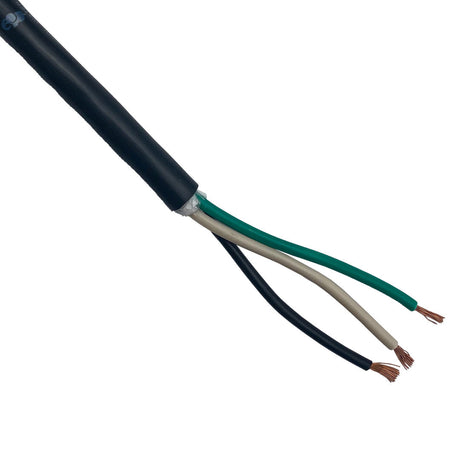 Black three-conductor pool light cable with exposed green, white, and black wires