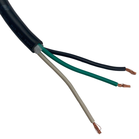Three-conductor spa light power cable with black, green, and white wires exposed at the end