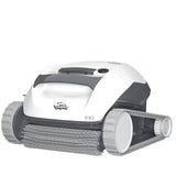 Dolphin E10 robotic pool cleaner with side tracks and front scrubbing brushes on a white background