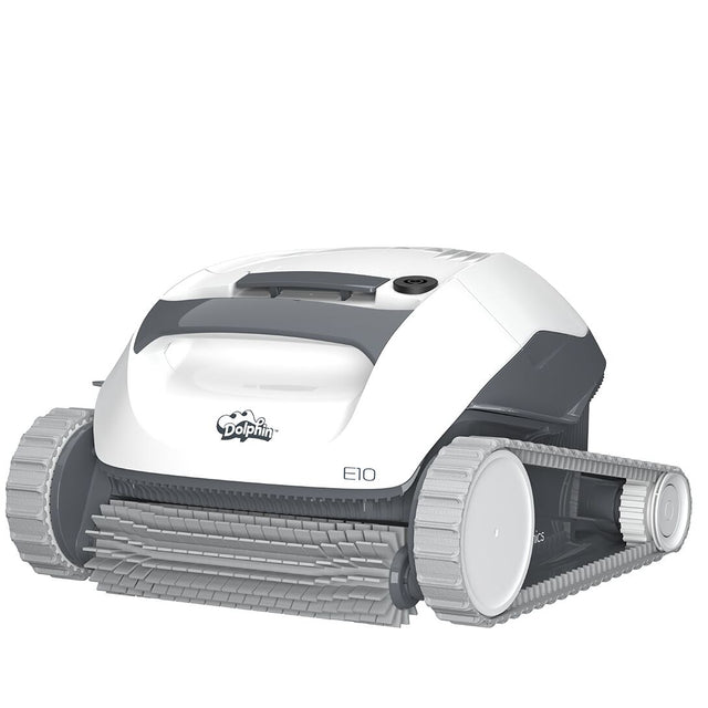 Dolphin E10 robotic pool cleaner with side tracks and front scrubbing brushes on a white background