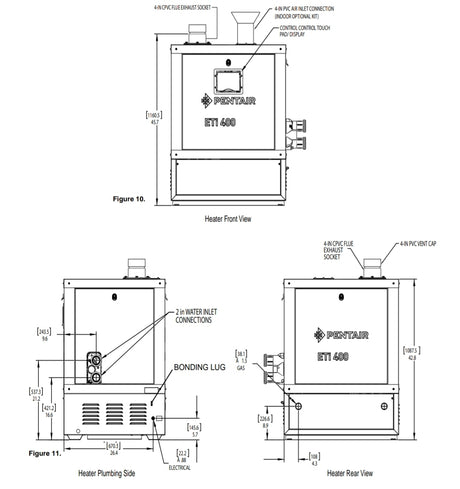 Pentair ETi 400 pool and spa heater front, plumbing side, and rear views with dimensions and connection points outlined