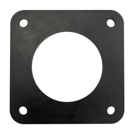 Black square pump gasket with four bolt holes and a large center opening