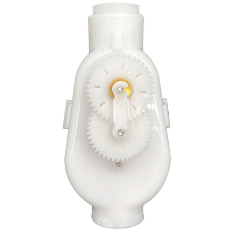 White Polaris pressure cleaner backup valve mechanism with internal gears and latch assembly