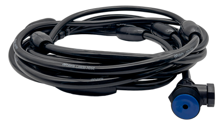 Coiled black Polaris Leader Hose with UWF connection and blue fitting
