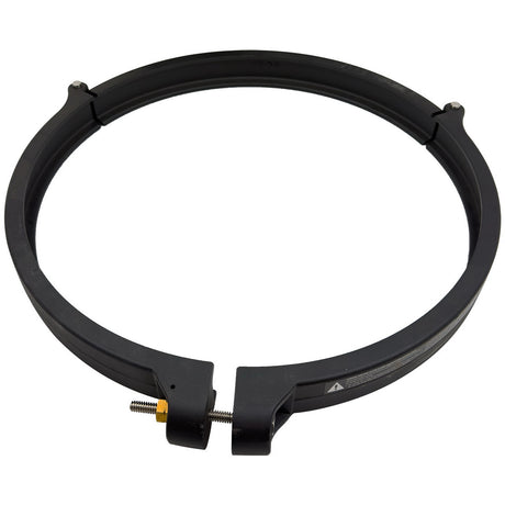 Black segmented clamp assembly with bolt and threaded fastener, shown on a white background