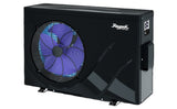 Raypak Crosswind side discharge pool heat pump with black cabinet and large circular fan opening