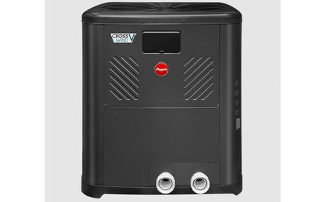 Raypak Crosswind V pool and spa heat pump unit in black with front air vents and dual pipe connections.
