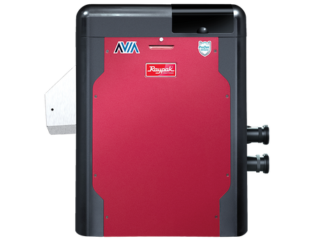 Raypak Avia digital low NOx propane pool heater with red front panel and side connections.