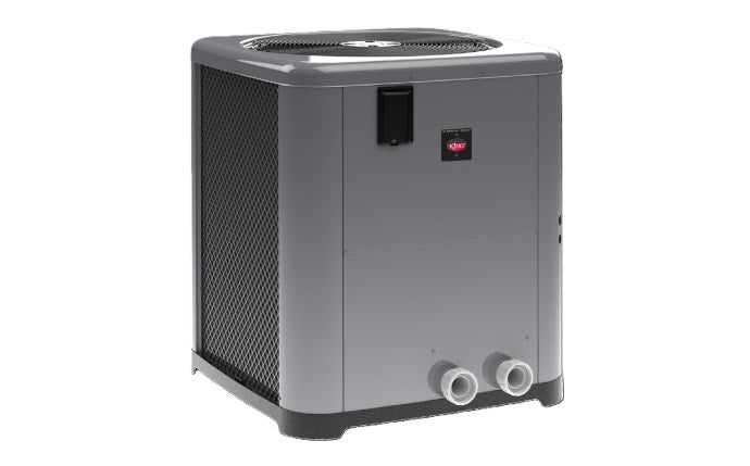 Raypak pool and spa heat pump with gray cabinet and front plumbing connections