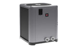 Raypak pool and spa heat pump with gray cabinet and front plumbing connections